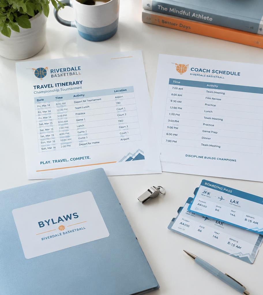 Team travel itinerary, coach schedule and bylaws folder on a desk